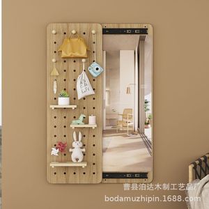 Solid Wood Pegboard With Sliding <b>Mirror</b> <b>Wall</b> Mounted Coat Rack Adjustable Storage Organizer <b>For</b> Entryway Decorative Use - Product Image 1