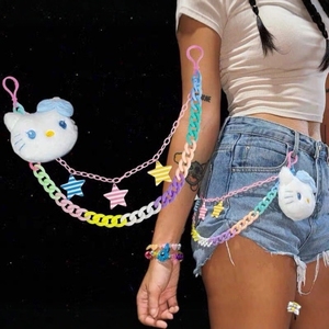 Cadena de cintura Harajuku Yabi de 115 cm con colgante de estrella y gatito de acrílico, cadena corporal unisex de moda para pantalones o como collar. - Product Image 1