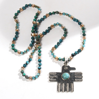 Collier vintage bohème ethnique en pierre naturelle de 6 mm avec nœud en verre, pendentif en turquoise argenté antique en forme d'aigle