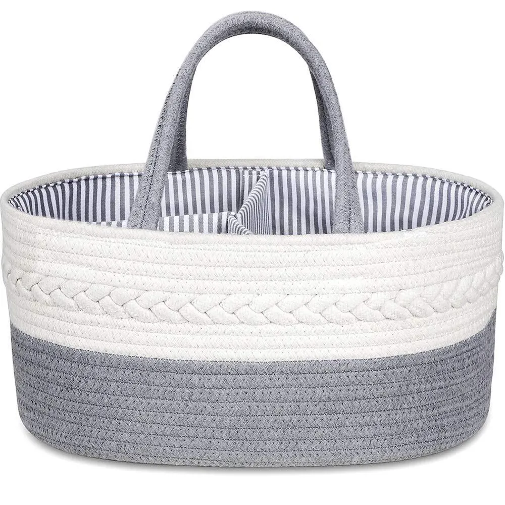 Baby Diaper Caddy Organizer, Hot Selling Extra Large Cotton Rope Storage Basket 3 Compartments And Removable Dividers Baskets