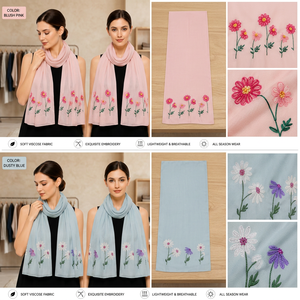 Bufanda Minimalista de Viscosa Sólida Bordada - Chal Floral Ligero para Primavera y Envoltura Transpirable para Todas las Estaciones - Product Image 3