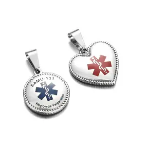 Yiwu Aceon Stainless Steel Oil Stamping Detailed Dot Edge Blue Red Medical Logo Personalized Message Domed Heart Disc Dog Tag