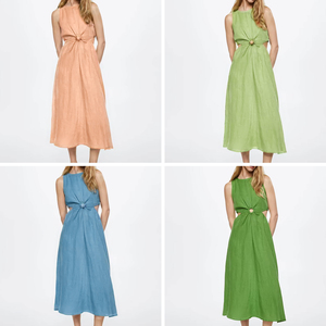 Vestido Midi Informal Elegante para Mujer, de Lino/Algodón Sostenible, Liso, Teñido, con Cremallera, Antiarrugas, con Tirantes y Aberturas - Product Image 3