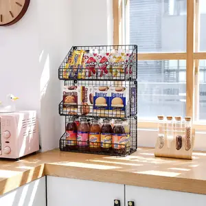 壁挂式3层可堆叠小吃咖啡吧组织器金属线网格墙篮，用于厨房办公橱柜餐具室