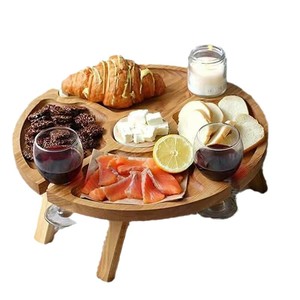 <b>Wooden</b> Outdoor Picnic <b>Table</b> Round <b>Foldable</b> Solid Wood Fruit Storage Tray With Wine Glass Holder - Product Image 3