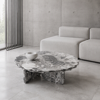 Table basse moderne en marbre gris Oreo à bords festonnés, table de salon ronde en pierre naturelle avec base cruciforme