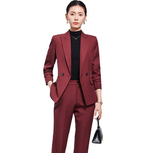 Women's Burgundy Suit Set Slim Fit Professional Formal Wear Anti-Wrinkle Solid Color Polyester Worsted Fabric - Product Image 5