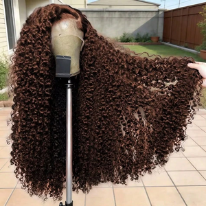 Pelucas de Cabello Humano con Frente de Encaje 13x4, Rizado Jerry, Color Marrón Chocolate, 34 Pulgadas, 250% de Densidad, Pre-arrancadas con Cabello de Bebé para Mujeres - Product Image 1