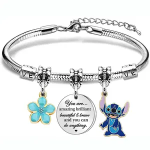 Stainless steel snake bone chain bracelet Stitch round plate lettering pattern blue flower love pendant Stitch bracelet