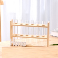 Vase hydroponique rétro en verre à six tubes avec support en bois double couche pour la maison