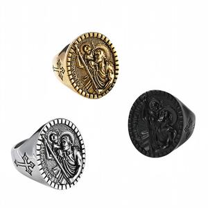 Bague Vintage Catholique Ronde avec Médaillon Croix, en Acier Inoxydable Plaqué Or, Bijou Religieux pour Homme, à Porter sur l'Index - Product Image 1