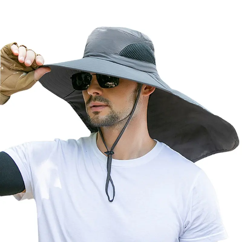 Chapeau de soleil d'extérieur pour hommes, Protection UV d'été, chapeaux de pêche avec châle Anti UV respirant coupe-vent à grand bord, bob de randonnée