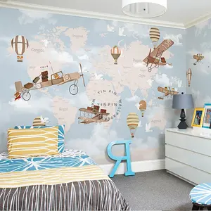 3D卡通世界地图热气球飞机儿童房背景壁纸