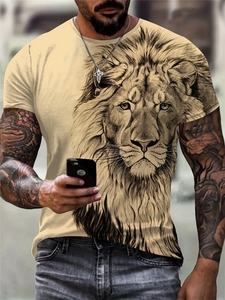 Camiseta Cómoda para Hombre con Estampado de León, 180 Gramos, Tejido de Punto, Manga Corta, Estilo Casual Elegante, Camiseta Gráfica, Ropa de Verano - Product Image 4