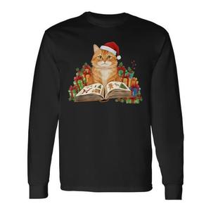 Camiseta de manga larga con diseño de gato naranja, libro de lectura navideño, gorro de Papá Noel, para amantes de los gatos, Navidad - Product Image 1