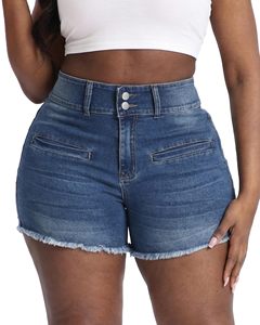 Shorts de mezclilla de cintura alta, corte holgado, dobladillo deshilachado, bolsillos laterales, shorts casuales de verano para mujer - Product Image 1