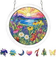 Kit de puzzle en acrylique personnalisé, attrape-soleil en verre teinté, motif colibri et coucher de soleil, décoration à suspendre à la fenêtre, cadeau artisanal