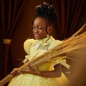 <span class=keywords><strong>Chic</strong></span> jaune fleur fille robes col haut à manches courtes princesse Tulle petites filles fête d'anniversaire <span class=keywords><strong>robe</strong></span> de reconstitution historique - Product Image 3