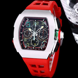 Men's Mechanical Wristwatch with Top-Quality Luxury <b>Red</b> Rubber Strap, Carbon Fiber Case, Flyback Chronograph and Luminous Hands. - Product Image 1
