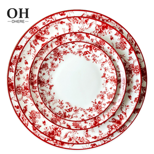 Vintage <span class=keywords><strong>Red</strong></span> Floral 12inch sạc tấm tấm ăn tối thiết lập các món ăn gốm đám cưới trang trí sứ Bộ đồ ăn vaisselle vajilla - Product Image 1