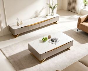 Table basse moderne avec plateau en marbre, structure en métal, rangement, meubles de salon - Product Image 5