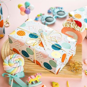 Birthday holiday gift <b>wrapping</b> <b>paper</b> with colorful balloons gold foil polka dots back cut lines Customizable - Product Image 2