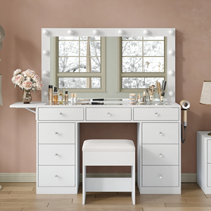 Coiffeuse avec prise <span class=keywords><strong>de</strong></span> courant, bureau <span class=keywords><strong>de</strong></span> toilette avec miroir et lumières LED, plateau en verre, ensemble <span class=keywords><strong>de</strong></span> coiffeuse, table à langer avec panneau rabattable - Product Image 1