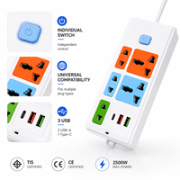 Regleta de Enchufes Universal Moderna Industrial de Latón y ABS con 3 Tomas, 1 Puerto Tipo C, 2 Puertos USB, Interruptor Maestro, 10A 2500W IP44