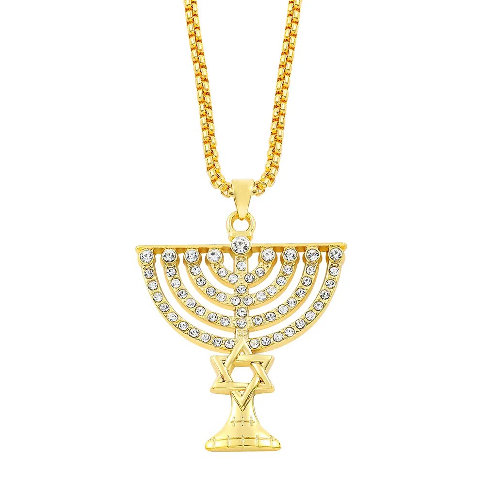 Personalizado Personalizado Personalizado Menorah Pingente Colar Cor De Ouro com Zircão Definição Magen Estrela de David Jewelry Religioso Judaico Israel
