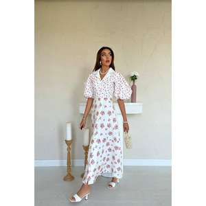 Robe Cache-Cœur Trapèze Imprimée Florale Blanc Cassé Taille Naturelle Tissée Respirante pour Usage Quotidien Décontracté – Vente en Gros - Product Image 4