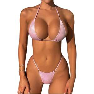 Ensemble bikini personnalisé pour femme, micro-top halter et string, deux pièces, effet pailleté métallique, extensible, en Spandex et Polyester - Product Image 1