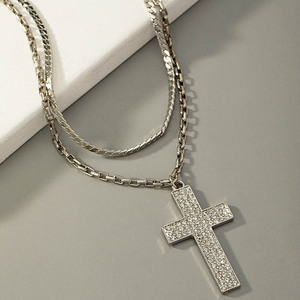 Collier pendentif croix mode homme double couche pavé de pierre hip-hop serpent chaîne à chevrons collier religieux chrétien - Product Image 3