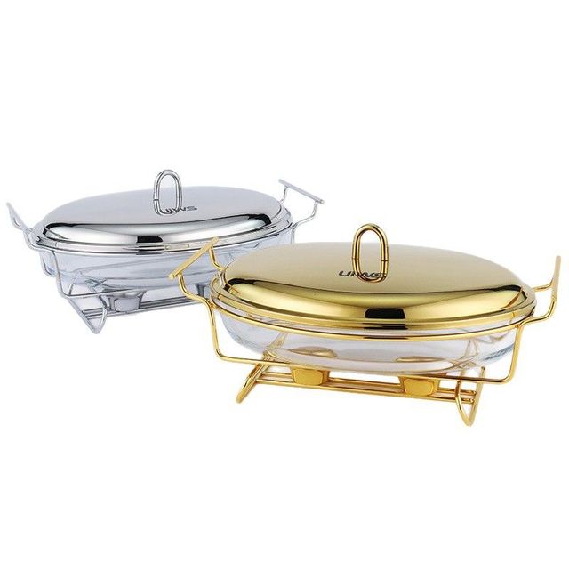 QY 2L 3L Mini Glass Chafing Dish Transparent Buffet Food Warmer with Gold Stainless Steel Frame for Hotel Party Home Catering