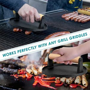 Cast Iron Grill Press with Wooden Handle Weighted Non-Stick Eco-Friendly for <b>Meat</b> Hamburger Patty Smash Burger Bacon Steak - Product Image 6