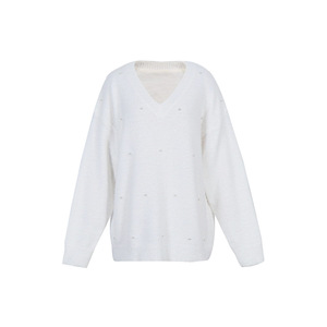 Suéter Feminino de Cor <span class=keywords><strong>S</strong></span>ólida com Decote em V e Aplicações de Pérolas para Outono e Inverno - Product Image 5