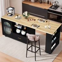Table de bar îlot de cuisine noire avec plateau en bois, portes vitrées, étagères de rangement, tiroir, roulettes et tabourets roulants