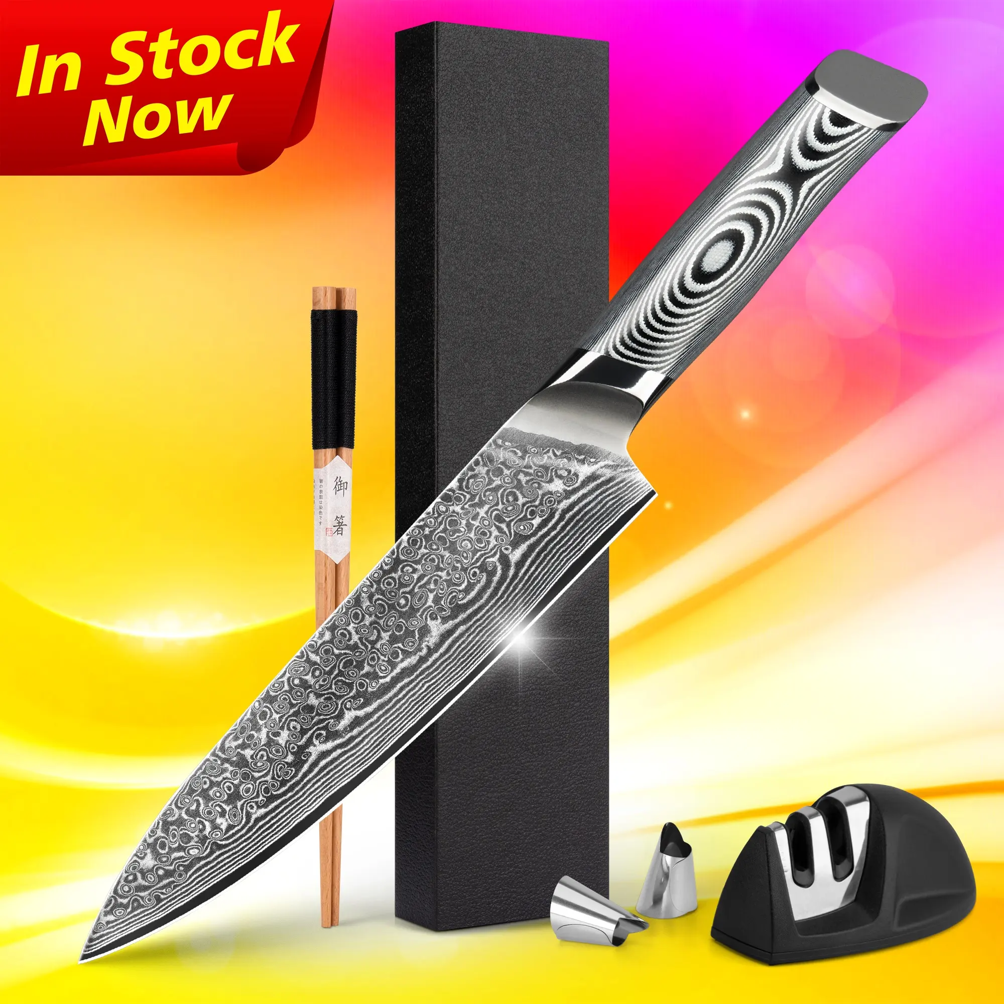 Livraison gratuite couteau en acier damas de 8 pouces couteau de chef japonais en acier super carbone vg10 avec poignée grise G10 logo gratuit