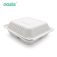 Conteneur alimentaire de voyage Oasis 8 pouces, écologique, biodégradable, en bagasse, étanche, résistant à la graisse, jetable, à 3 compartiments, avec couvercle
