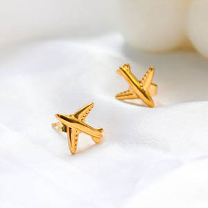 Boucles d'oreilles pour femme en acier inoxydable 316L plaqué or 14k 18k PVD, couleur or personnalisée, motif avion, tendance - Product Image 4