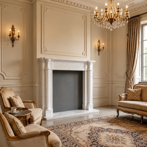 Mantel <span class=keywords><strong>de</strong></span> <span class=keywords><strong>Chimenea</strong></span> <span class=keywords><strong>de</strong></span> Mármol <span class=keywords><strong>Blanco</strong></span> con Columnas Acanaladas y Relieve <span class=keywords><strong>de</strong></span> Diamantes para Decoración Interior <span class=keywords><strong>de</strong></span> Hoteles y Villas Clásicas - Product Image 2