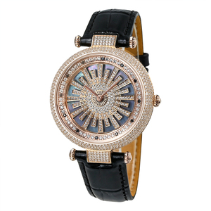 Montre pour femme avec cadran rotatif porte-bonheur, sertie de diamants, cristal saphir, 38 mm, bracelet en acier inoxydable et cuir - Product Image 1