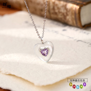 Collier pendentif cœur halo en nacre et cristal haut de gamme, argent sterling 925, pierre naturelle taille cœur 6 mm - Product Image 5