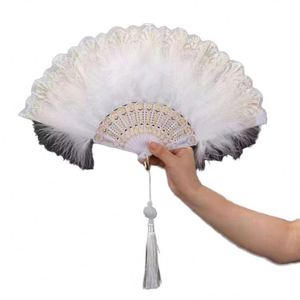 Elegante Abanico Plegable de Encaje con Plumas para Baile, Hecho a Mano, Estilo Antiguo, de Plástico, Duradero, Clásico, para Fiestas - Product Image 1