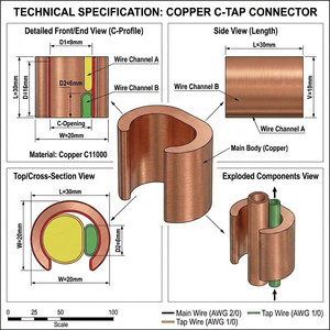 Connecteurs de mise à la terre à <span class=keywords><strong>sertir</strong></span> en cuivre de type C, bornes de serrage de fil étamées, certifiés CE ROHS, tension nominale 1000V, pour applications électriques sécurisées - Product Image 2