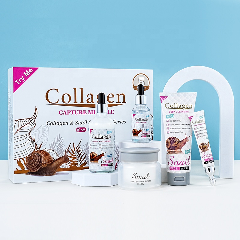 Le meilleur Kit de soins de beauté 5 pièces crème d'escargot au collagène nettoyant hydratant blanchissant ensemble de soins de la peau (nouveau) produits