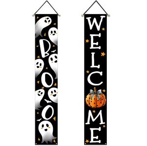 Bannière de porte d'Halloween en tissu Oxford 300D résistant aux intempéries, motif maison hantée effrayante, citrouille, fantôme, squelette, 12x72 pouces - Product Image 2