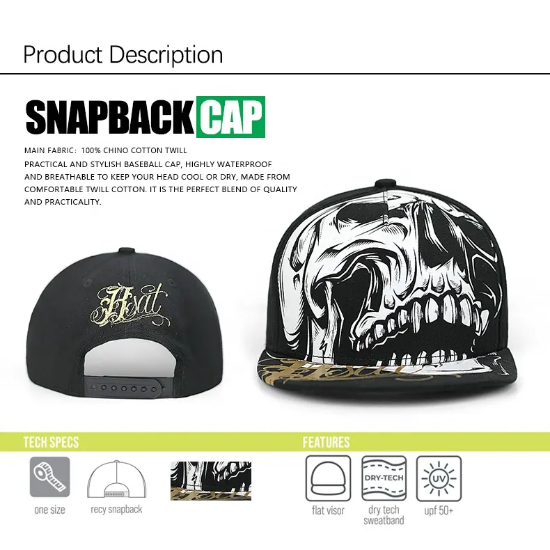 Oem Custom in tinta unita non strutturata 5 pannelli 3D ricamo Logo con stampa Gorras Flat Bill Brim Hip Hop cappello Snapback
