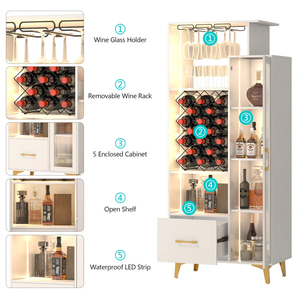 Moderno y Lujoso Mueble para Vino Alto con Paneles de Madera e Iluminación LED |   Organizador de Licores y Vasos Blanco y Delgado con Estantes para Botellas de Vino - Product Image 5