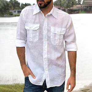 Chemise en coton et lin pour <span class=keywords><strong>homme</strong></span>, manches longues, couleur unie, décontractée, col à revers, double poche, chemise classique, vêtements <span class=keywords><strong>tendance</strong></span> pour <span class=keywords><strong>homme</strong></span> - Product Image 3