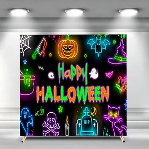 Fondo de arco cuadrado de Halloween con calaveras humanas de terror, calabazas y faroles para escaleras, ideal para ceremonias y fiestas, personalizable. - Product Image 4